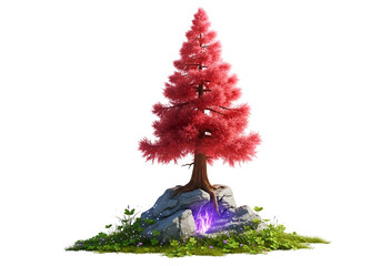A vibrant, digitally rendered tree with a striking shade of pink stands tall on a rocky outcrop, surrounded by lush greenery and a mystical purple glow emanating from the base.