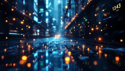 Abstract technology background with illuminated data points and blurred neon buildings