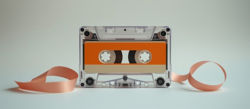 Vintage cassette tape with ribbon on a minimalist background.