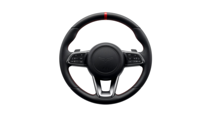 Modern automotive steering wheel detail with integrated controls and sleek metallic accents