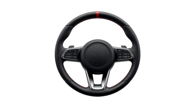 Modern automotive steering wheel detail with integrated controls and sleek metallic accents