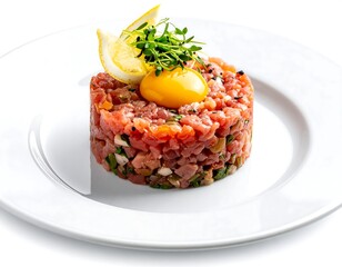 Tuna tartare dish on white plate