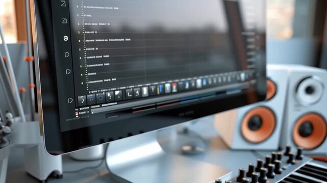 Music production workspace with computer, digital audio workstation, midi keyboard, headphones, speakers, and creative audio setup modern studio desk