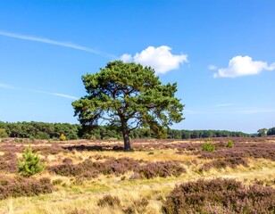 Lone pine tree on a heath landscape