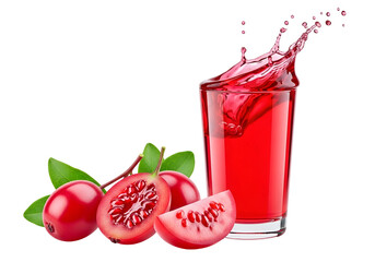 Vibrant red juice with fresh fruit slices and a dynamic splash, set against a stark black background.