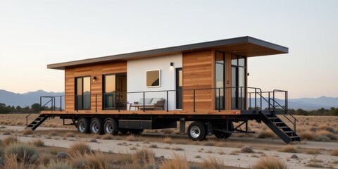 Obraz premium Modern tiny house on wheels in a desert landscape at sunset.