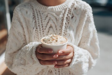 young woman in white sweater holding pumpkin spice latte, soft daylight, minimal thanksgiving café mood