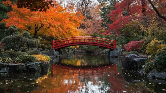 Autumn Serenity: Red Bridge Reflecting in a Calm Pond