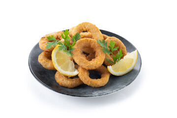 Crispy fried squid rings isolated on white background