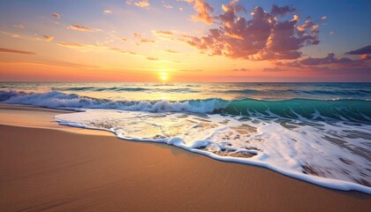 Beach Serenity Golden Sunrise Scene with Soft Waves Crashing on Shoreline Under a Pastel Sky with Clouds Book and Towel Left Behind in the Sand