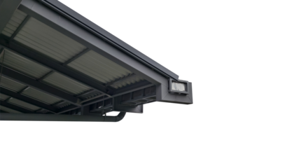 Close-up low-angle modern roof structure isolated on transparent background. Shows underside of roof highlighting dark gray and black corrugated metal panels and the supporting metal beams and gutters