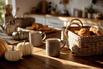thanksgiving dessert flatlay, pumpkin cheesecake, coffee, white plate on beige cloth, bright minimal look