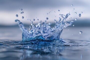 Dynamic Water Splash Crown with Droplets and Reflections on Calm Surface