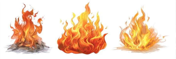 Three illustrations of flames rising from a fire