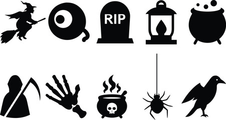 Halloween solid black spooky icon pack in minimal silhouette style on white background