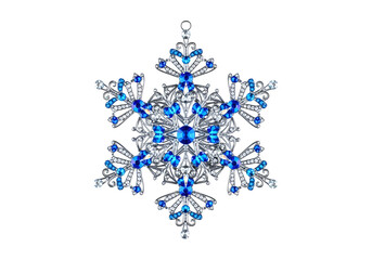 A detailed ornate snowflake design, studded with brilliant blue and clear gems, is set against a stark black backdrop.