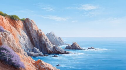 Obraz premium Coastal landscape featuring rugged cliffs, vibrant purple flowers, and tranquil blue ocean waters under a clear sky, showcasing the beauty of nature and serenity