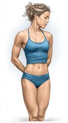 Fototapeta premium An athletic female swimmer stands confidently in blue swimwear, exuding strength and grace. She is poised by the poolside on a bright, sunny afternoon, ready for training or competition