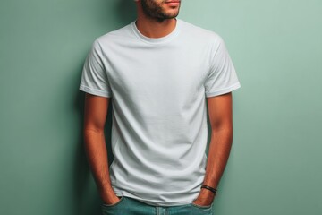Fototapeta premium A man poses casually in a plain white t-shirt, hands in pockets, showcasing a relaxed style against a muted green background. This mockup highlights modern fashion trends