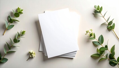 Blank White Paper Stack Surrounded by Green Leaves on Beige Background Top View Flat Lay Minimalist Aesthetic Business Stationery Mockup Close Up