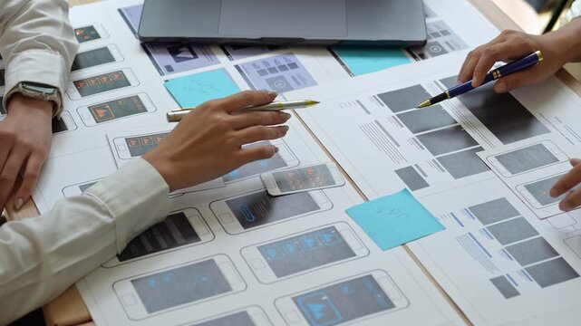 Ux designers refining mobile app interface on paper prototypes