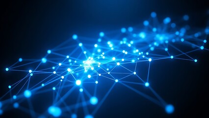 Abstract digital network visualization with glowing blue nodes and flowing connections on dark background.