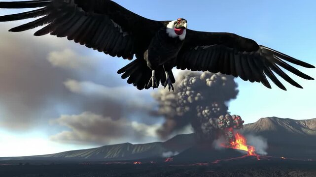 Andean condor flies over erupting volcano landscape, danger, natural disaster, nature.