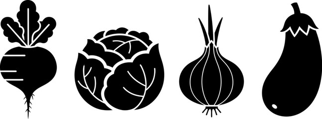 Assorted vegetables in black silhouette form a minimalist row against a white background, creating a modern and graphic style suitable for nutritional content or food-related designs.