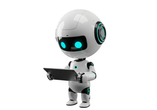 Isolated futuristic white robot holding tablet with glowing cyan eyes on a transparent background PNG.