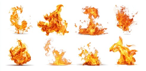 Nine different fire flames isolated on white