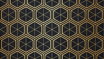 Geometric Gold Hexagons: A sophisticated pattern of golden hexagons, seamlessly repeating on a black backdrop, creating a visually striking, modern design.
