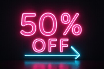 Bright neon banner featuring 50% OFF discount offer, eye-catching retail sale promotion.