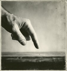 A hand points deliberately towards the horizon, creating a sense of direction and purpose. The tranquil background suggests a timeless moment, inviting contemplation and wonder