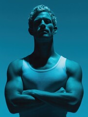 A fit male stands with arms crossed in a studio setting illuminated by vibrant blue light. His expression conveys confidence and power, highlighting his strong physique and dedication