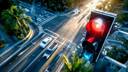 A red traffic light at a busy intersection with cars moving below in the sunlight