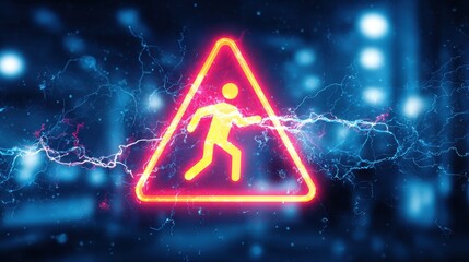 A bright warning sign illustrates a stickman running in peril due to electrocution. The striking design against an electrified backdrop emphasizes the danger posed by electrical hazards