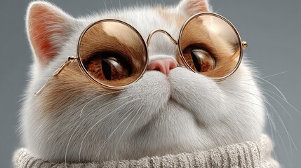 A white and mocha chibi cat wearing stylish golden sunglasses sits playfully, showcasing a charming appearance in a cozy indoor atmosphere. The cozy vibe complements its joyful demeanor