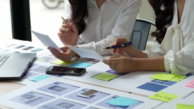 Web designers analyzing mobile application layout