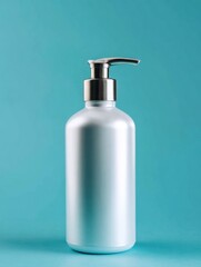 A sleek white metallic cleanser bottle features a pump dispenser, elegantly placed against a solid blue background. Perfect for showcasing skincare or beauty products in a minimalist style