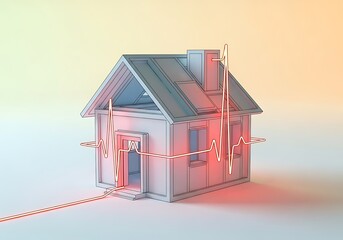 Stylized Home Depiction with Heartbeat Signal Overlay Emphasizing Vitality