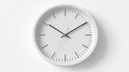 The white pointer clock sits prominently on a clean white background, showcasing its minimalist design and clear analog display, perfect for any contemporary space at any time of day