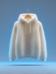 A plush white sheep wool sweatshirt is hanging on a wooden hanger, floating against a serene blue background. The soft texture invites warmth and comfort, ideal for chilly days ahead