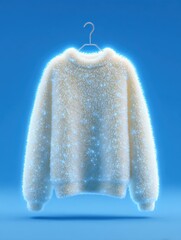 A fluffy white wool sweatshirt hangs on a simple hook against a vibrant blue backdrop. The garment features a soft texture and emits a subtle glow, enhancing its appeal