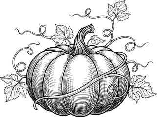 Detailed black and white drawing shows a pumpkin with leaves and curling vines on a white background creating a vintage, hand-drawn aesthetic perfect for seasonal decor or craft projects.