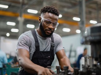 Obraz premium A young Black male engineer focuses intently on operating machinery in a bustling industrial workshop. He is surrounded by advanced equipment and other workers