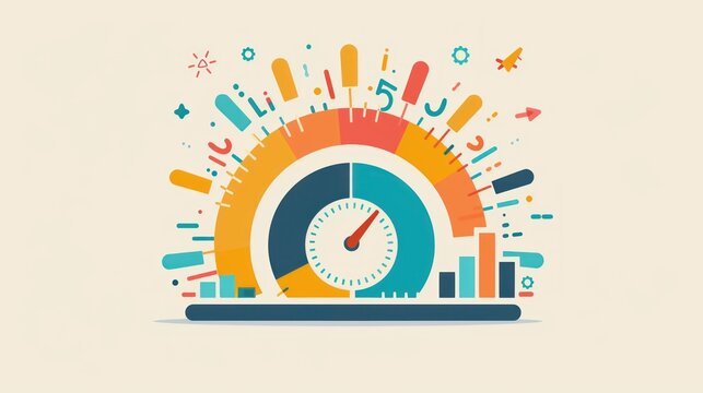 Abstract illustration of a speedometer with colorful graphics representing data and progress.