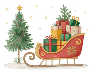 Watercolor Sleigh with Presents and Christmas Tree vector illustration isolated on white background