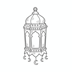 Detailed black and white illustration of an ornate lantern, featuring crescent moons.