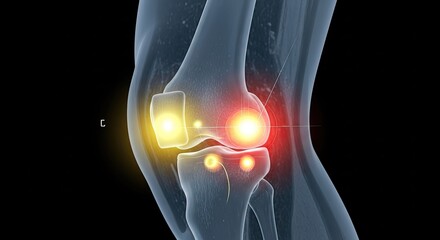 Human knee joint with highlighted pain points, medical illustration of arthritis.