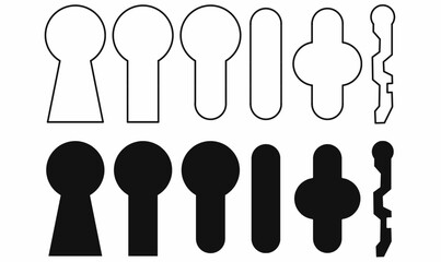 Set of keyhole or keyway icons in outline and silhouette style, various lock shapes for security, privacy, safety, access, protection, password, and key design concepts. © Rustanto